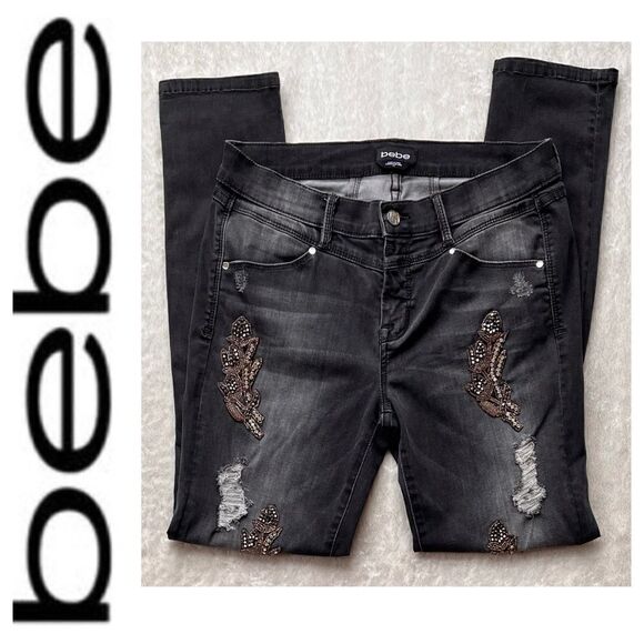 bebe Embellished Rhinestone Detail Mid Rise Skinny Leg Jeans in Black, Size 29 - Picture 1 of 13